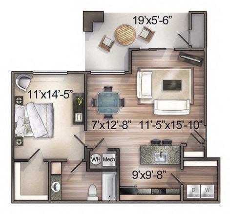 Floor plan for 1 bed, 1 bath, 730 sqft